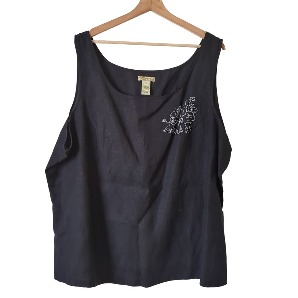 Islander Tank Womens 3X Top Linen Tropical Hawaii Hibiscus Flower Embroidered